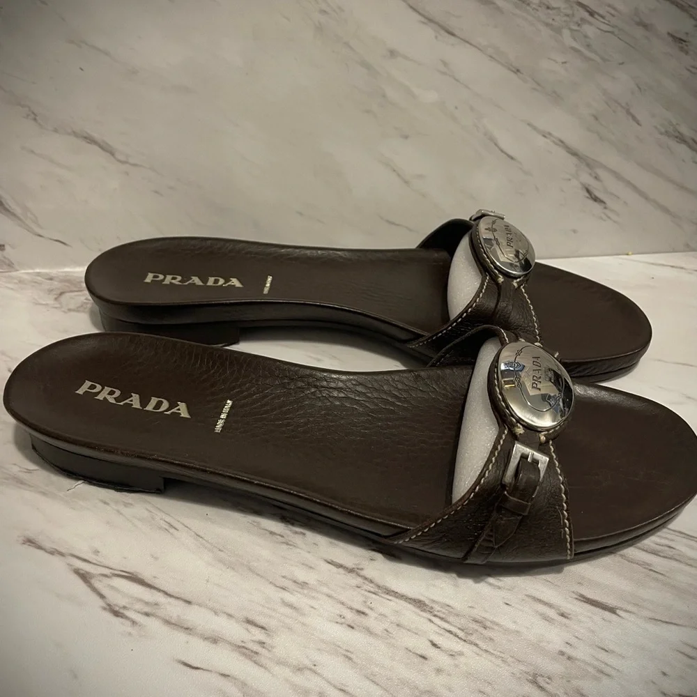 Prada Women's Dark Brown Sandals with Silver Accents - Picture 6 of 7